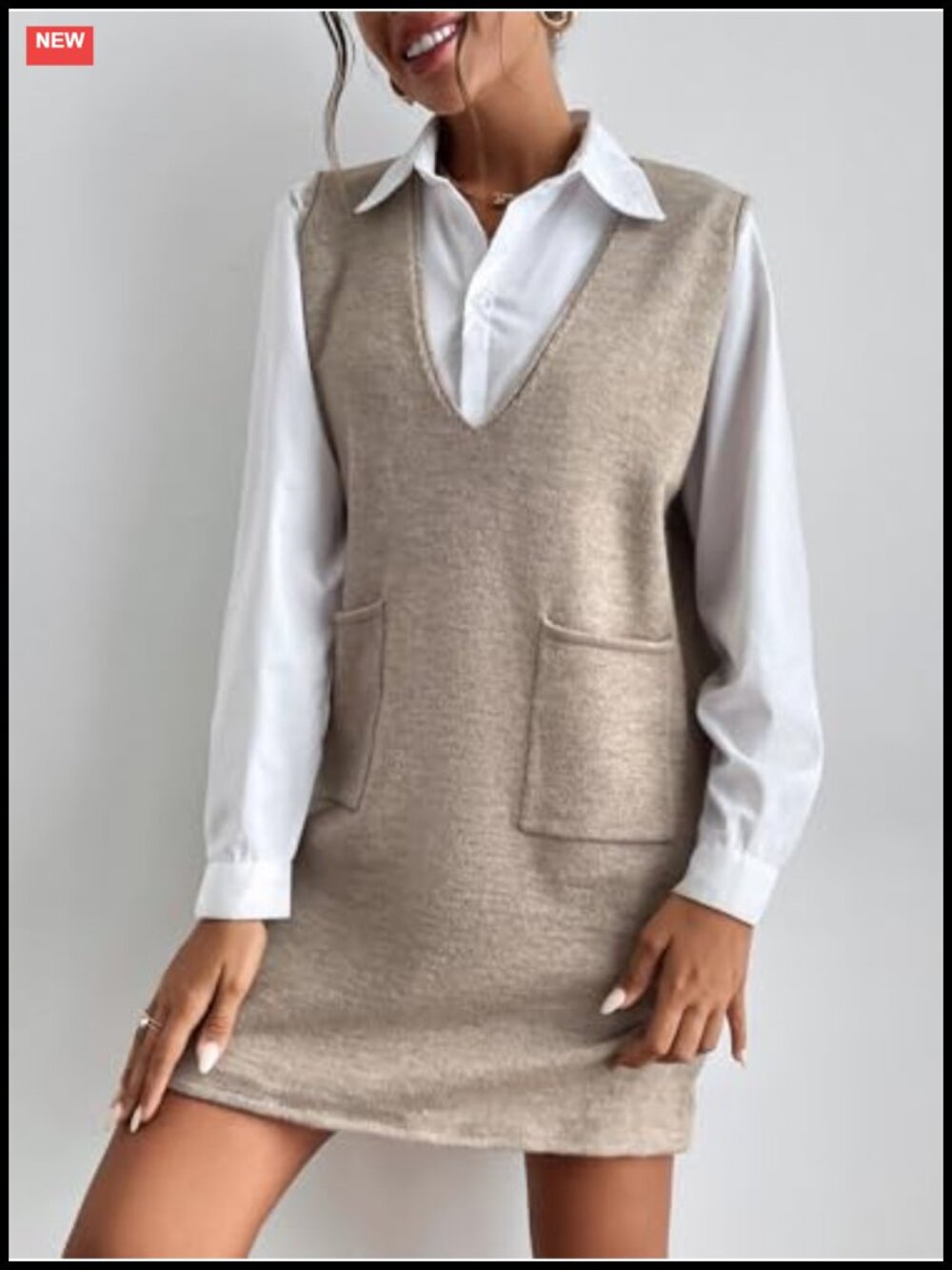 Sleeveless V Neck Sweater Vest Dress Loose Fit Pockets Fall Casual - Picture 3 of 6